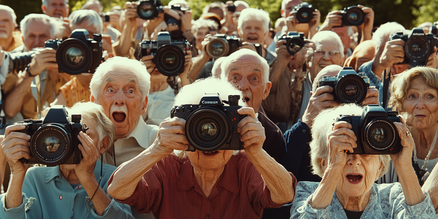 A crowd of people raising cameras in surprise